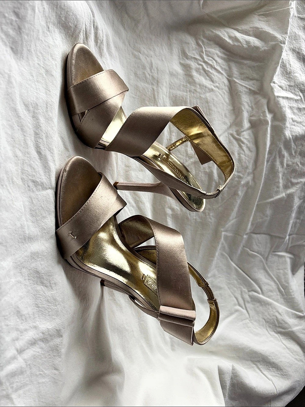 BCBGMAXAZRIA Satin Strappy Heels in champagne beige